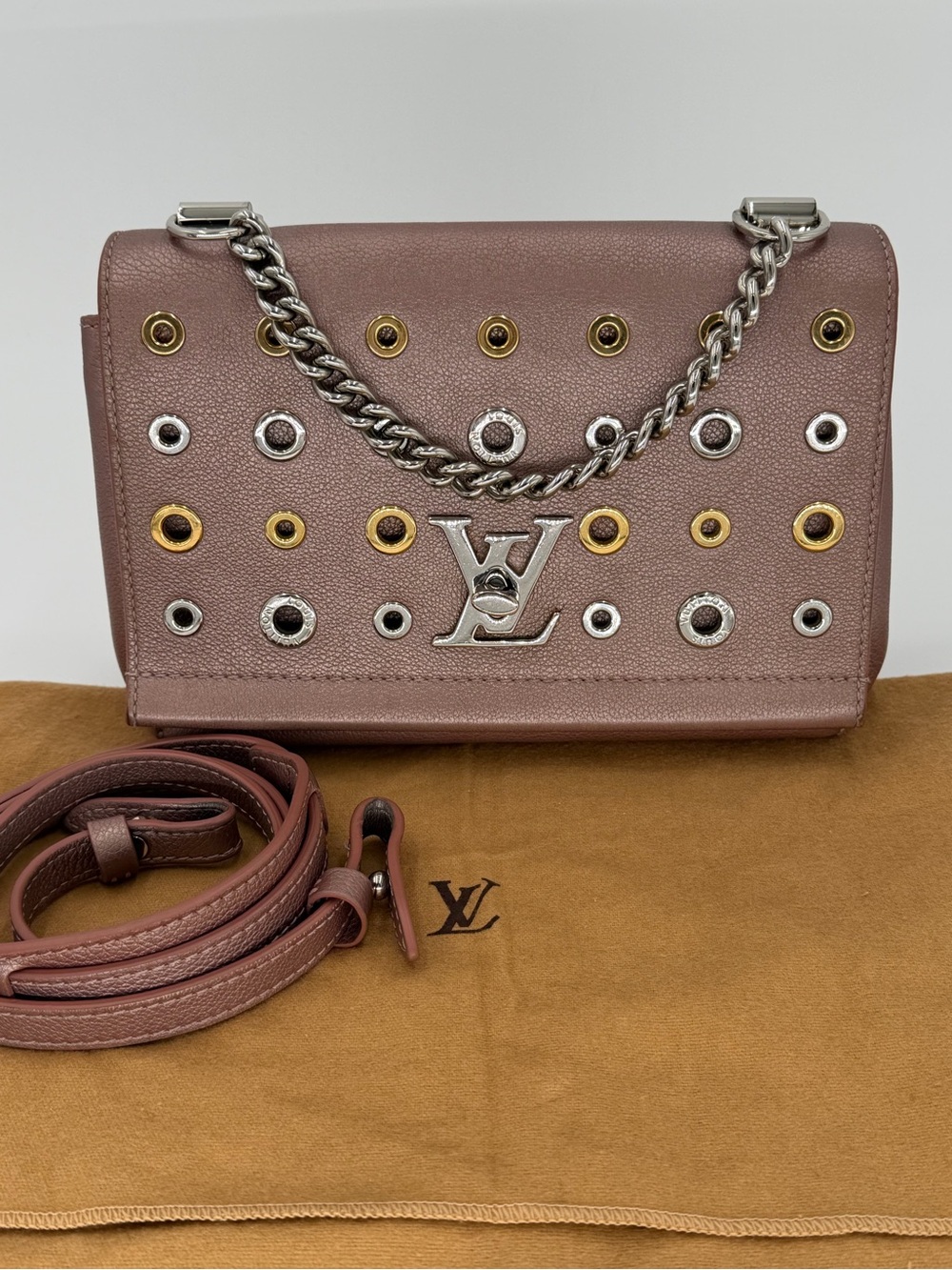 🩷🩶💛Louis Vuitton Lockme ll Eyelet BB Chain Bag w/Dust Bag and Entrupy COA